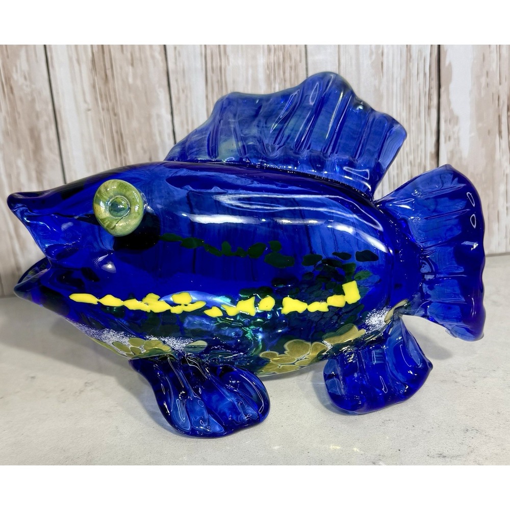 Hand Blown Art Glass Blue Tropical Fish Figurine Sculpture 7.5" SMALL SCRATCH
